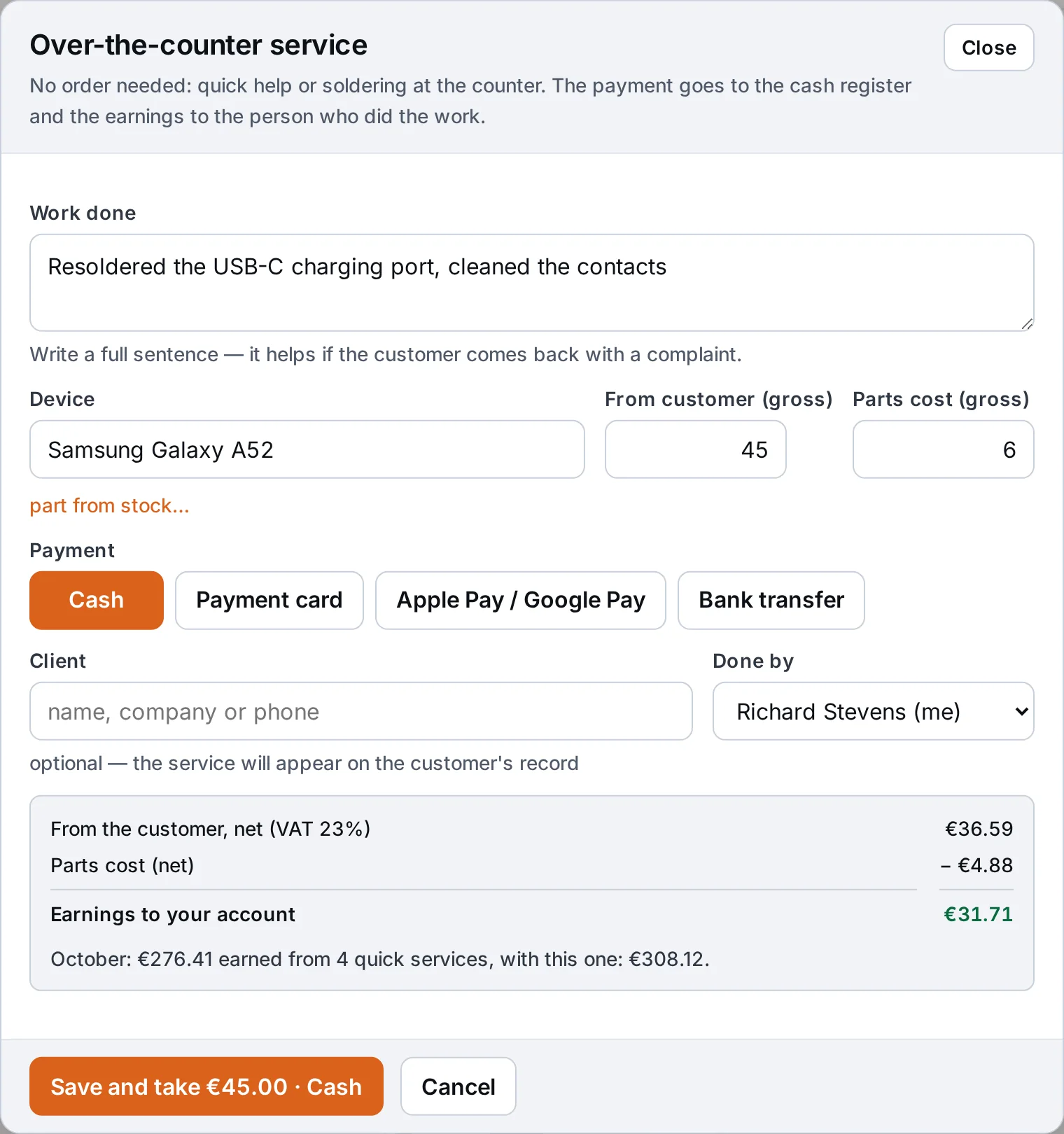Over-the-counter service window: what was done, device, amount from the customer, cost of parts, payment method and technician earnings – sample data