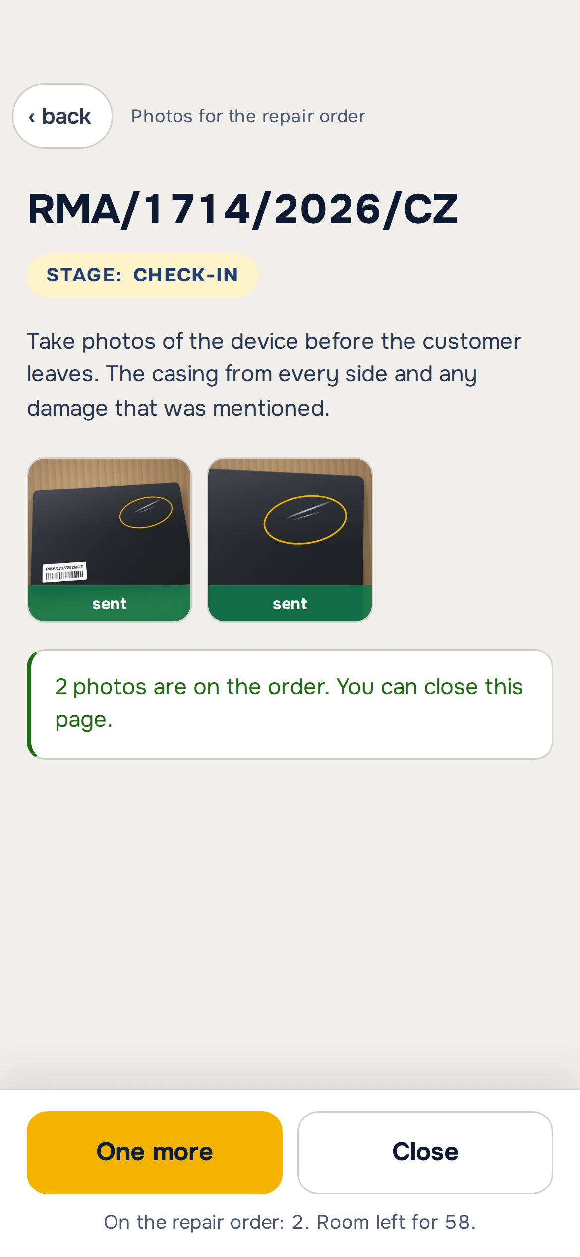 Phone after scanning the code on the card: photos for job RMA/1714/2026/CZ at the Check-in stage, two sent photos of a laptop with a scratch marked and a message that they’re on the job – sample data