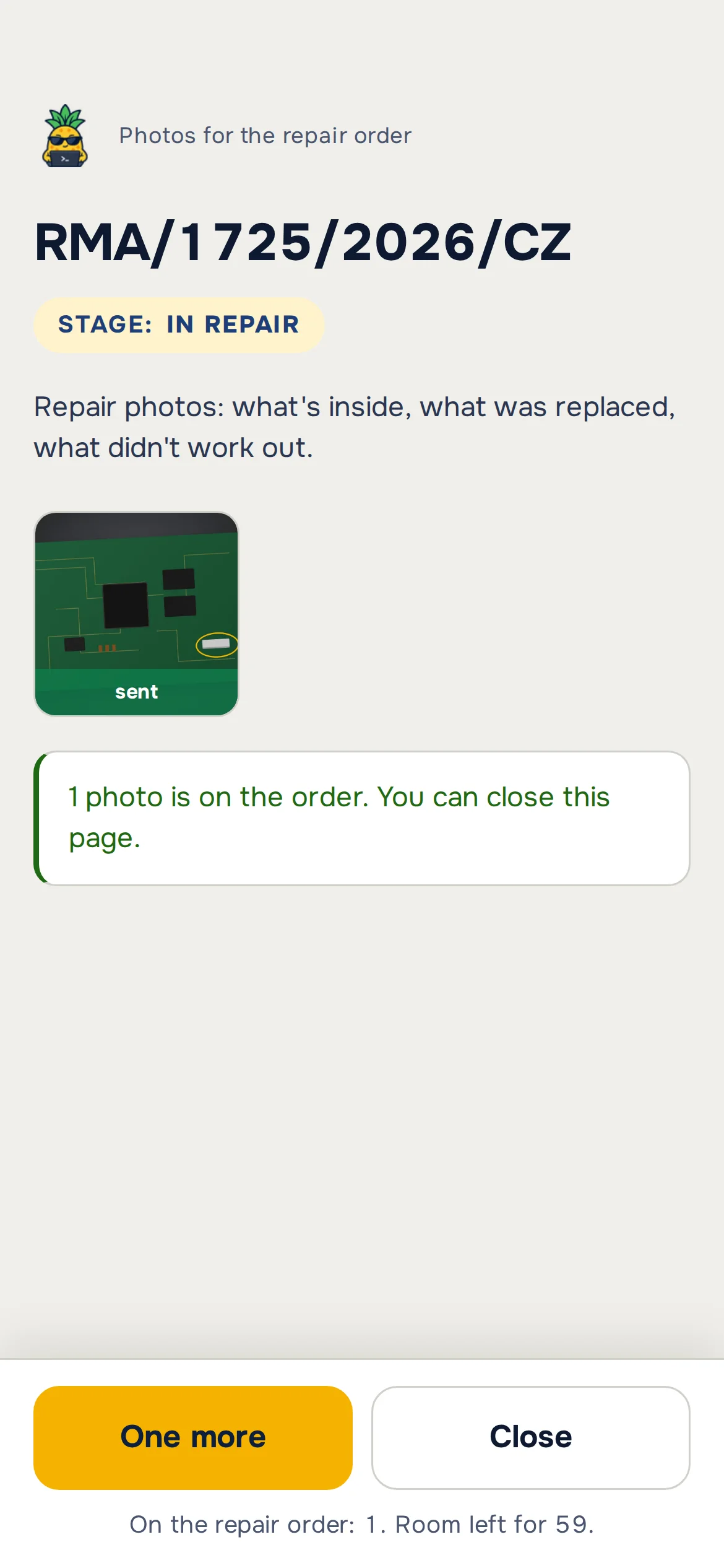 Phone with photos for job RMA/1725/2026/CZ at the In repair stage: a sent photo of the board with the connector marked – sample data