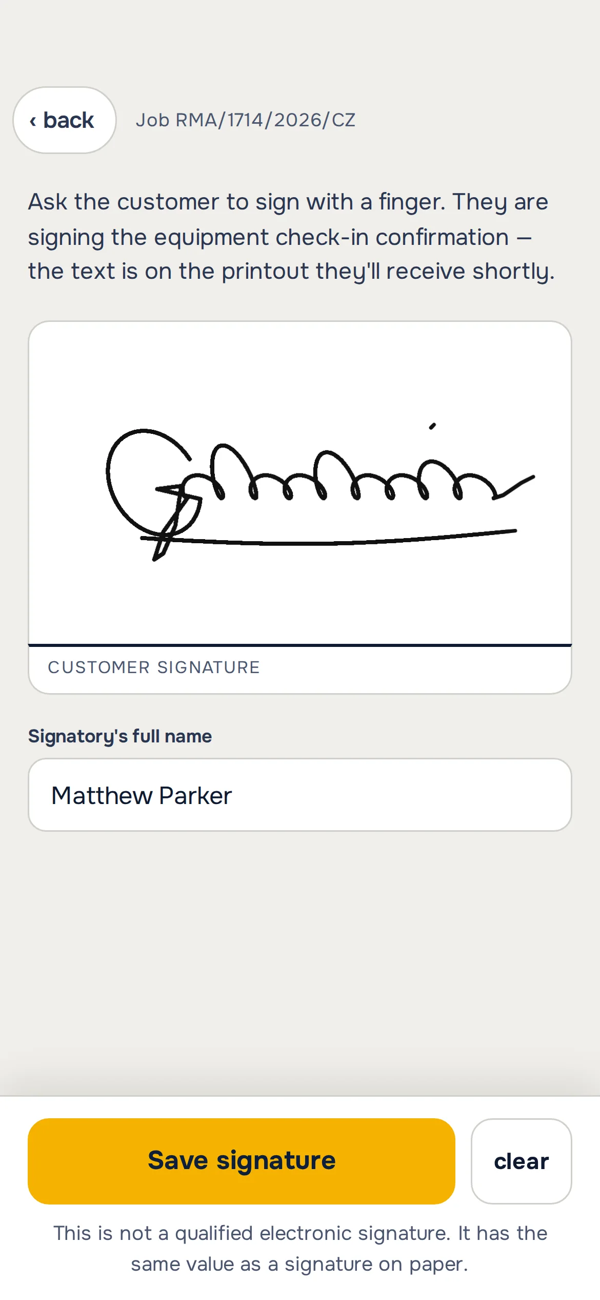 Phone with the customer’s signature on the check-in receipt: signed with a finger, plus first and last name – sample data