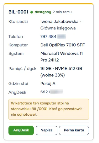 Podgląd stanowiska BIL-0001: kto przy nim siedzi, komputer, system, dysk, AnyDesk i przycisk łączenia jednym kliknięciem – przykładowe dane