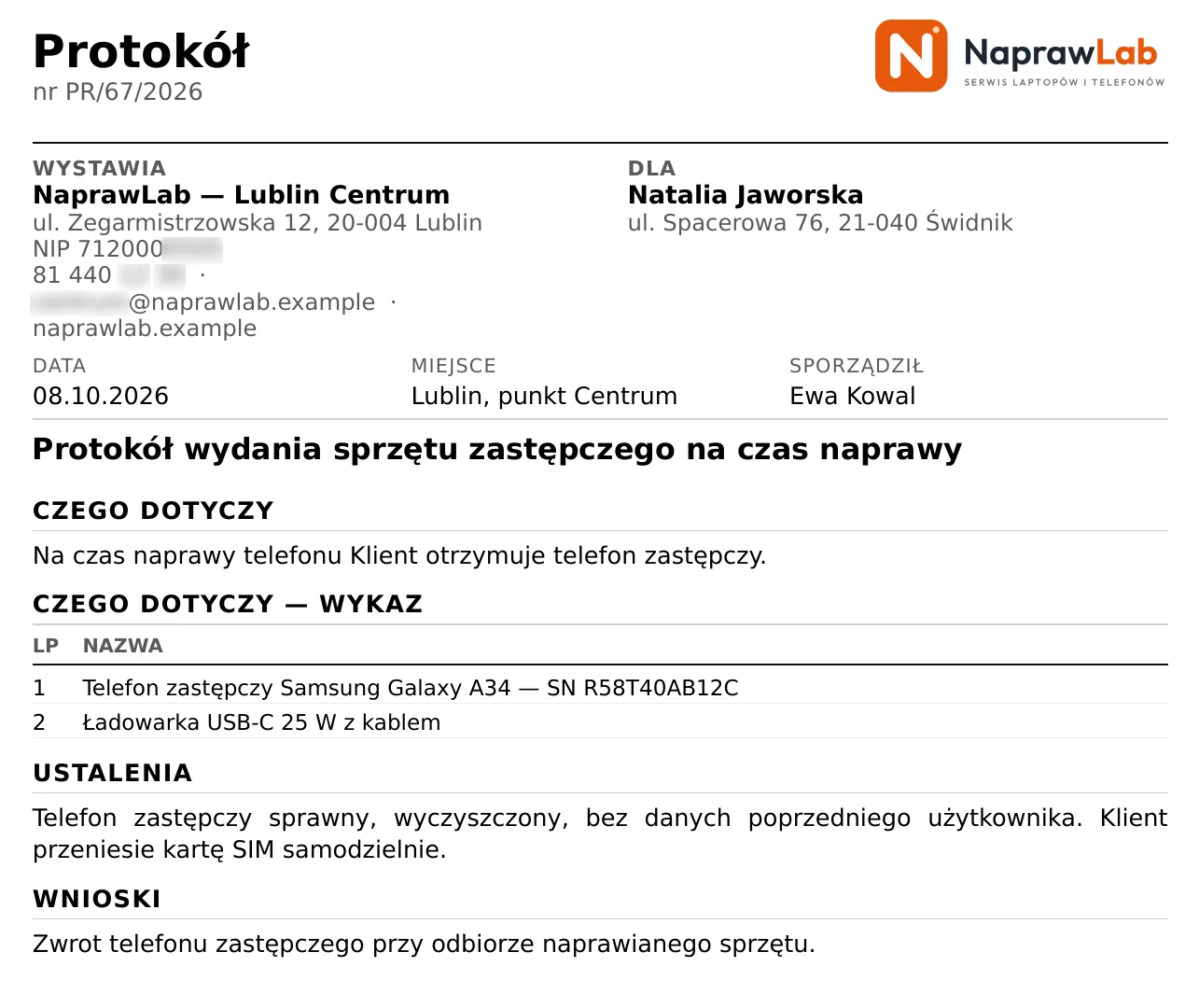 Protokół PR/67/2026 wydania sprzętu zastępczego na czas naprawy: telefon i ładowarka z numerem seryjnym – przykładowe dane