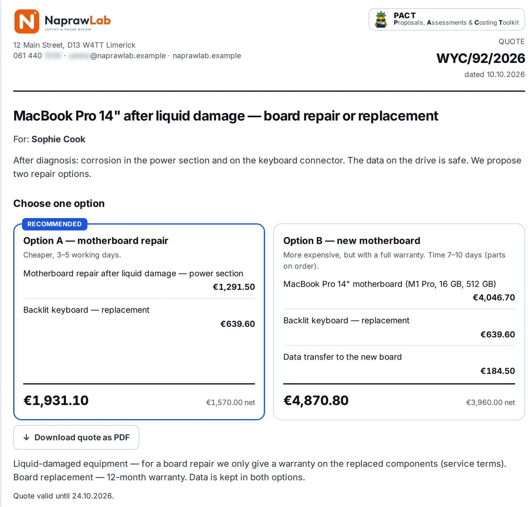 Quote WYC/92/2026 as the customer sees it via the link: water-damaged MacBook Pro, option A board repair and option B new board – sample data