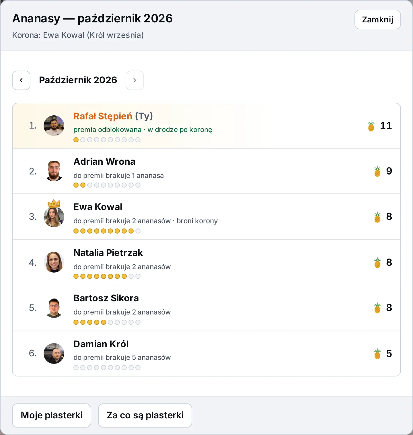 Ranking Ananasy za październik 2026: serwisanci i lada z liczbą ananasów, plasterkami w drodze do kolejnego, ile brakuje do premii i informacją o koronie króla września – przykładowe dane