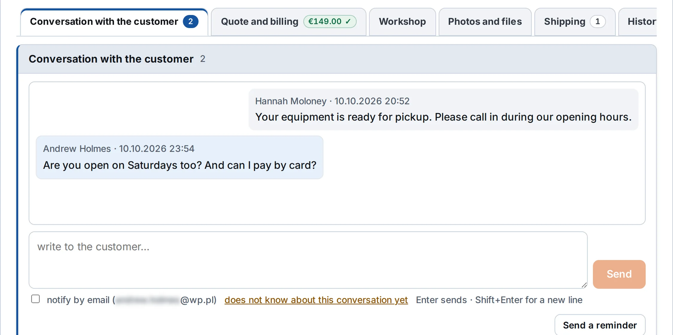 Repair card, Conversation with the customer tab: a message from the shop and a question from the customer, a reply field with the Notify by email option and Send a reminder – sample data