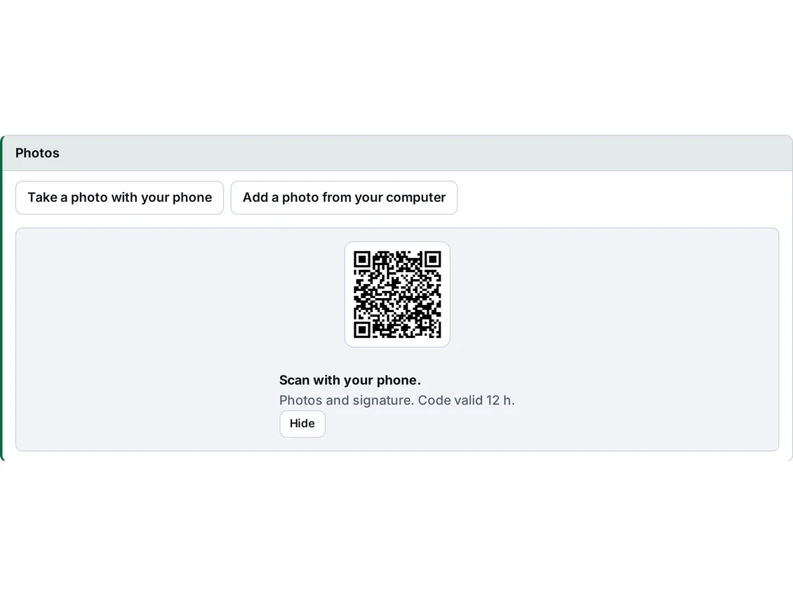 Repair card, Photos section: Take photo with phone and Add photo from computer buttons and a QR code valid for 12 hours – sample data