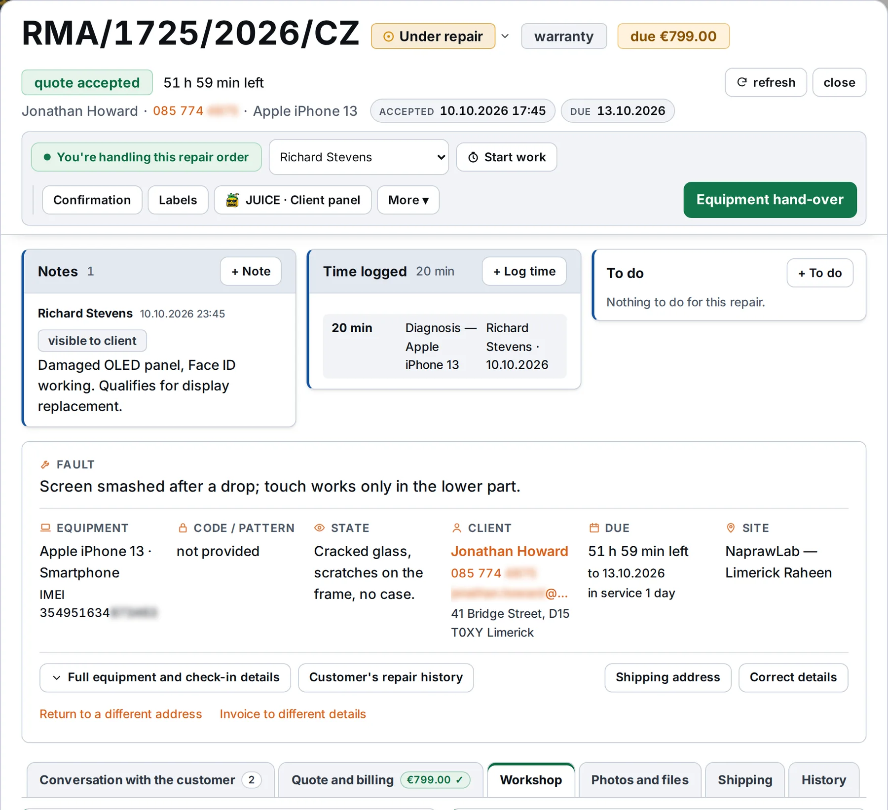 Repair card RMA/1725/2026/CZ as a window: status, work and documents, notes, fault, device, customer, deadline and tabs including Conversation with the customer – sample data