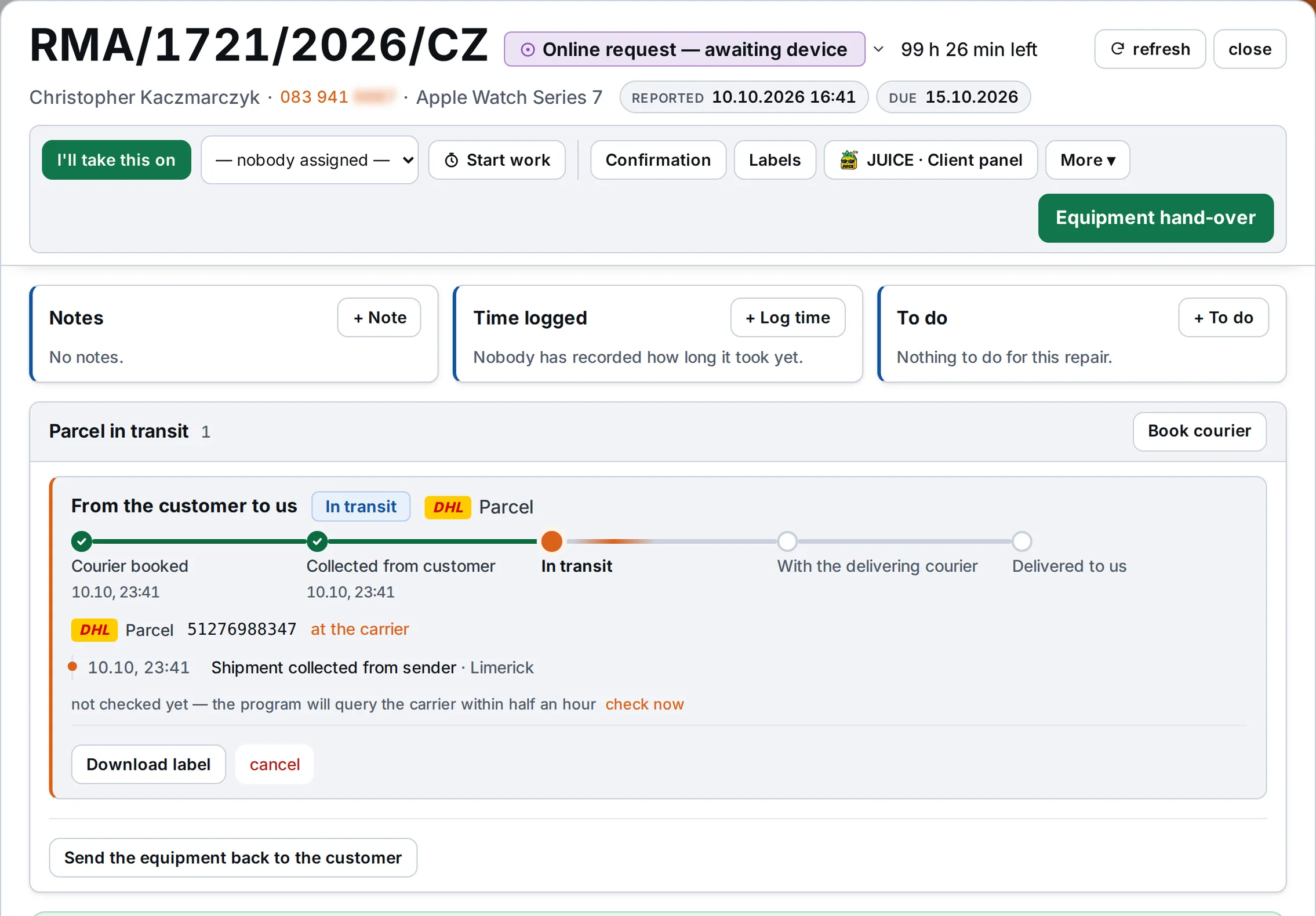 Repair card with the parcel in transit at the top: stages from the customer to the shop, DHL tracking number, carrier scans, and Download label and Return to customer buttons – sample data