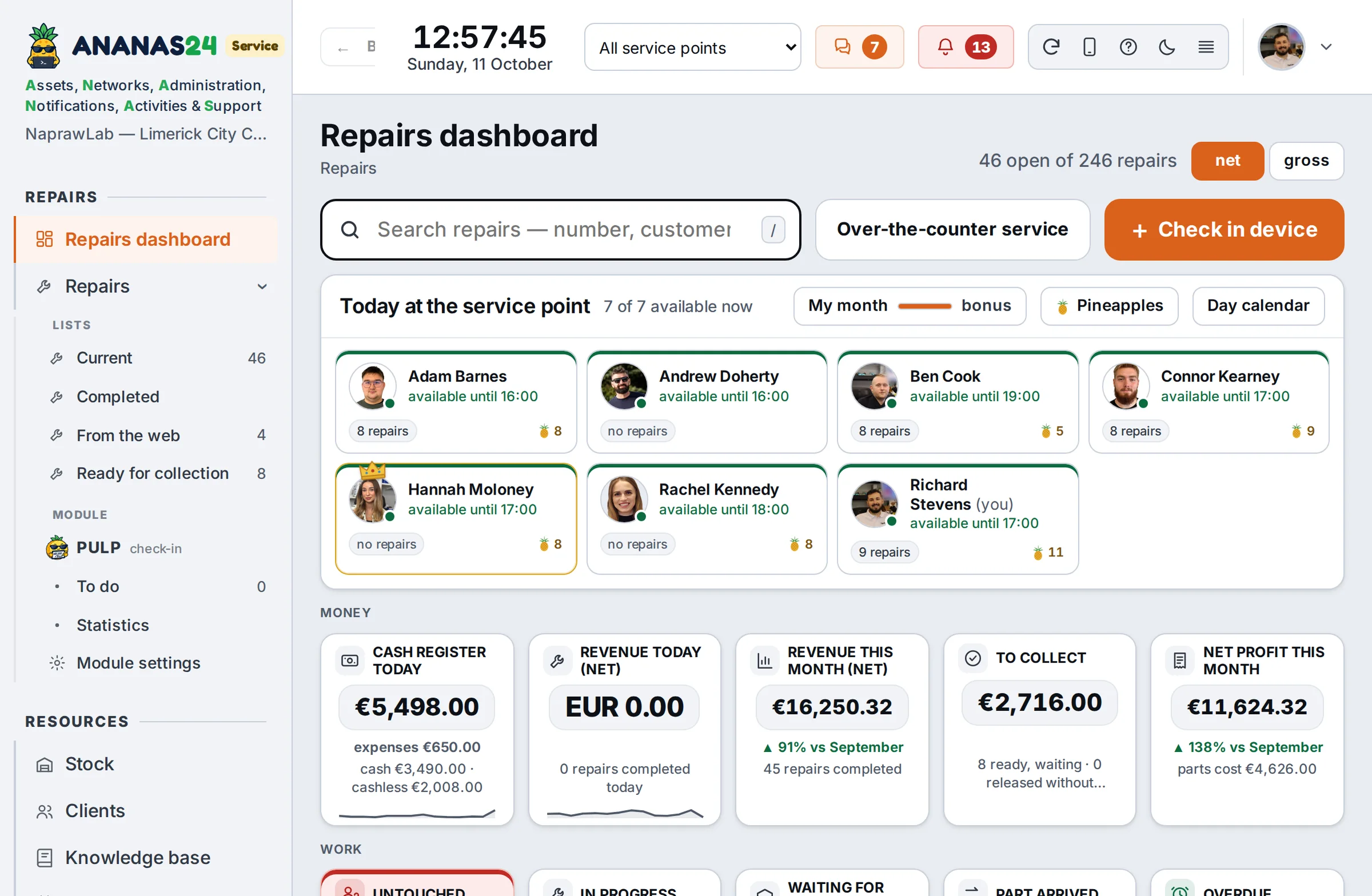 Repairs dashboard with the program menu: repair search, Today at the service point with the team and their repairs, money (till today, revenue and net profit this month) and work tiles – sample data