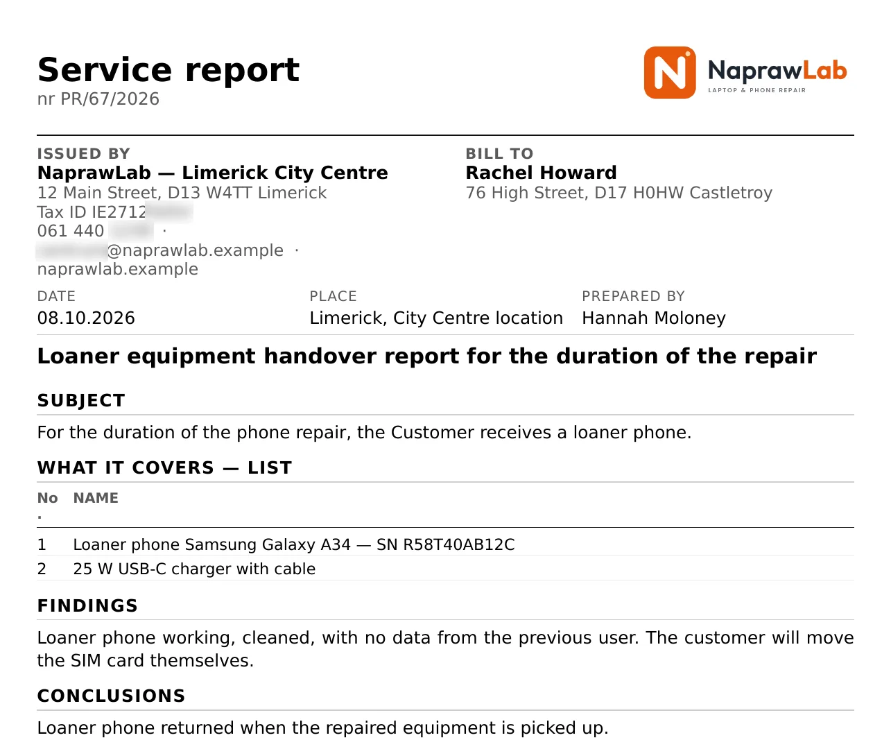 Report PR/67/2026 on handing over a loan device for the duration of the repair: phone and charger with serial number – sample data