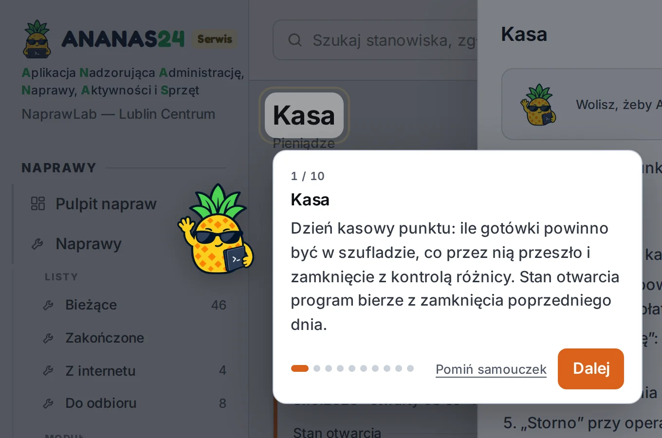 Samouczek w kasie: maskotka Ananas podświetla nagłówek ekranu i w dymku 1 z 10 wyjaśnia dzień kasowy – przykładowe dane