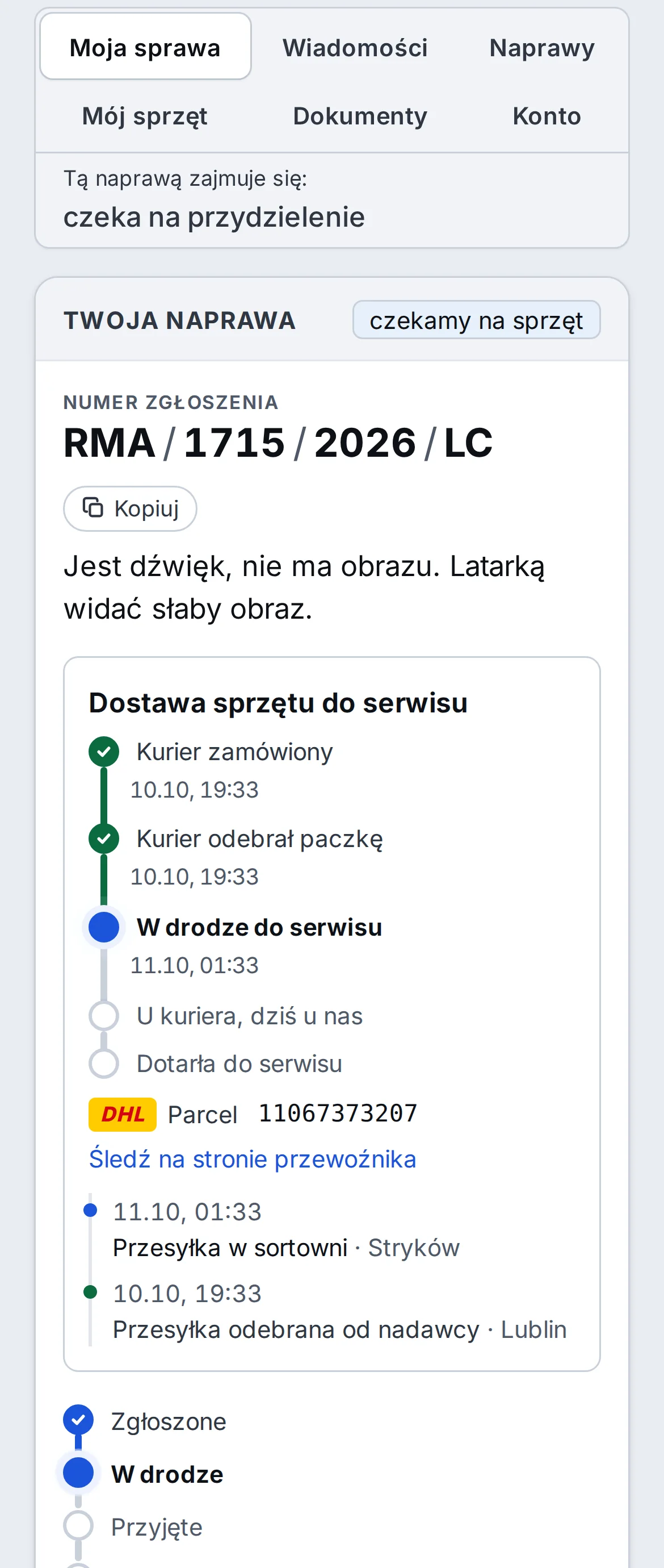 SOK na telefonie: paczka DHL w drodze do serwisu z etapami i ostatnim skanem przewoźnika – przykładowe dane