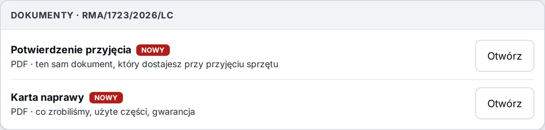 SOK, zakładka Dokumenty: potwierdzenie przyjęcia i karta naprawy w PDF z oznaczeniem NOWY – przykładowe dane