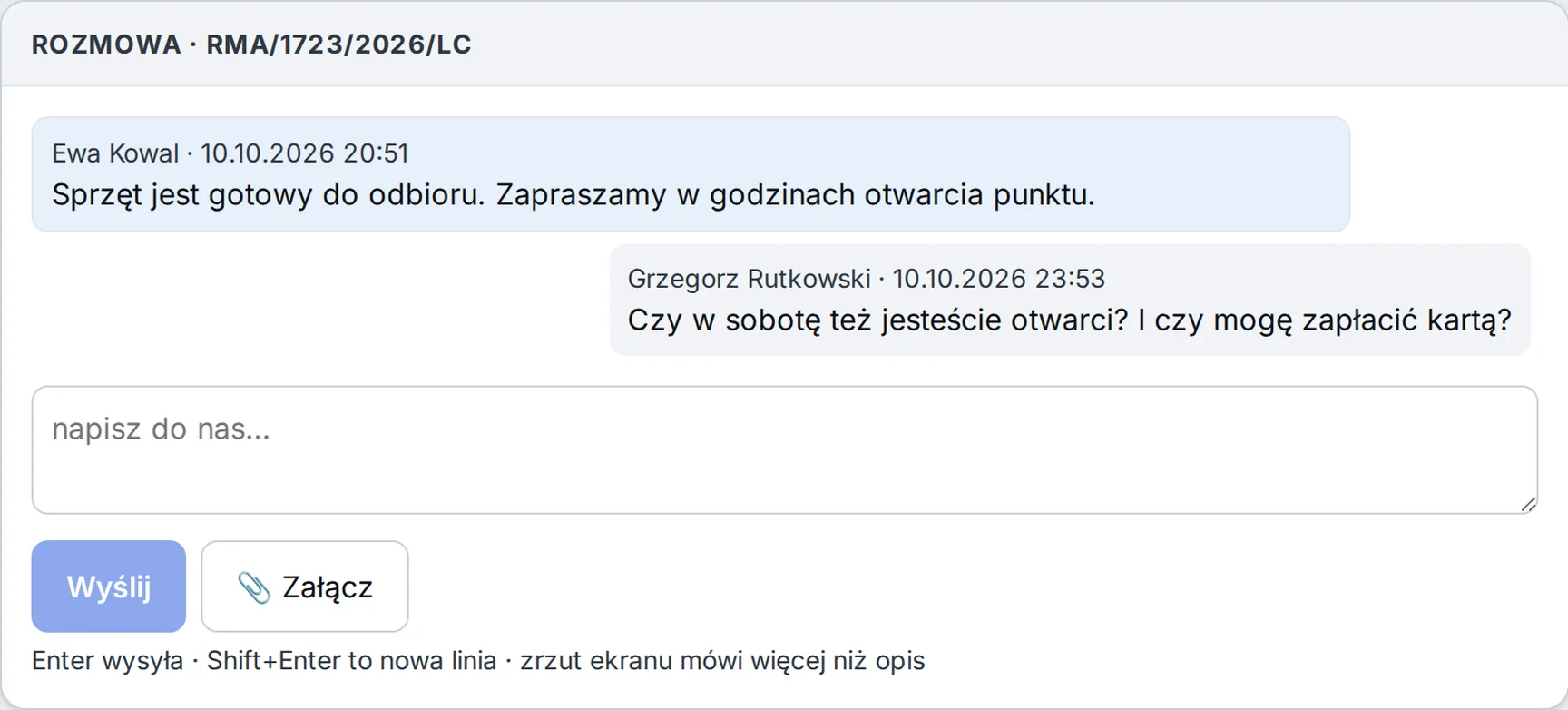 SOK, zakładka Wiadomości: serwis pisze, że sprzęt jest gotowy, klient pyta o sobotę i płatność kartą, pole odpowiedzi z przyciskiem Załącz – przykładowe dane