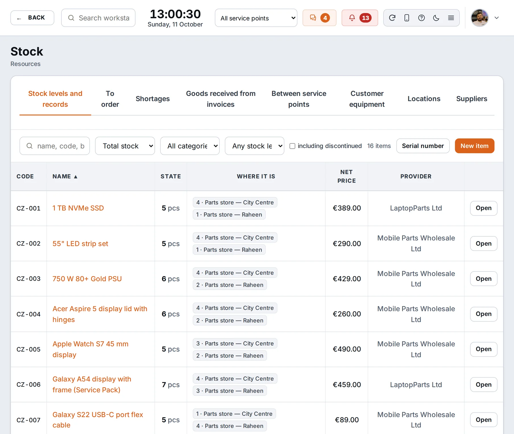 Stock: quantities and parts records, quantity at each location, net price and supplier – sample data