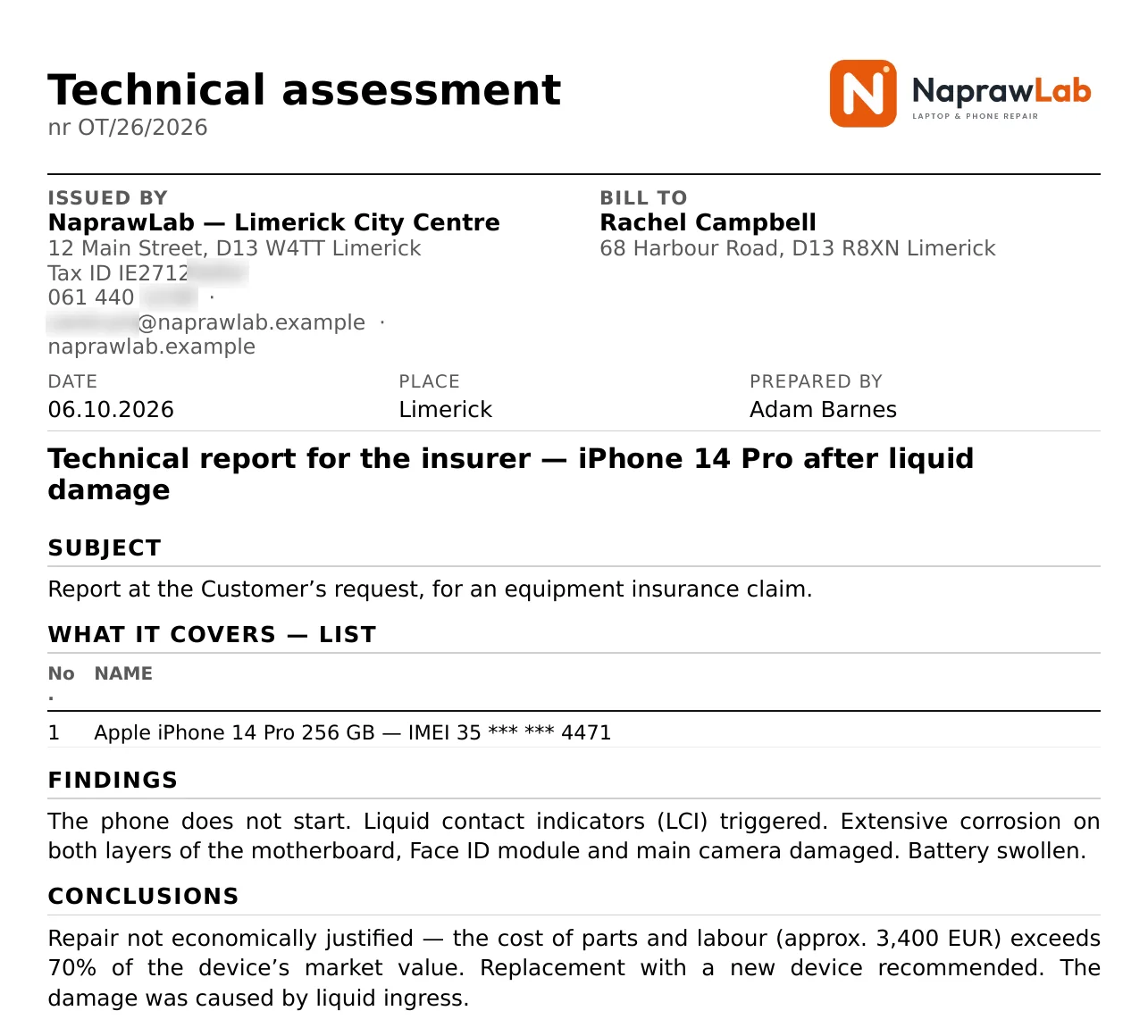Technical assessment OT/26/2026 for the insurer: water-damaged iPhone 14 Pro, findings and conclusions – sample data