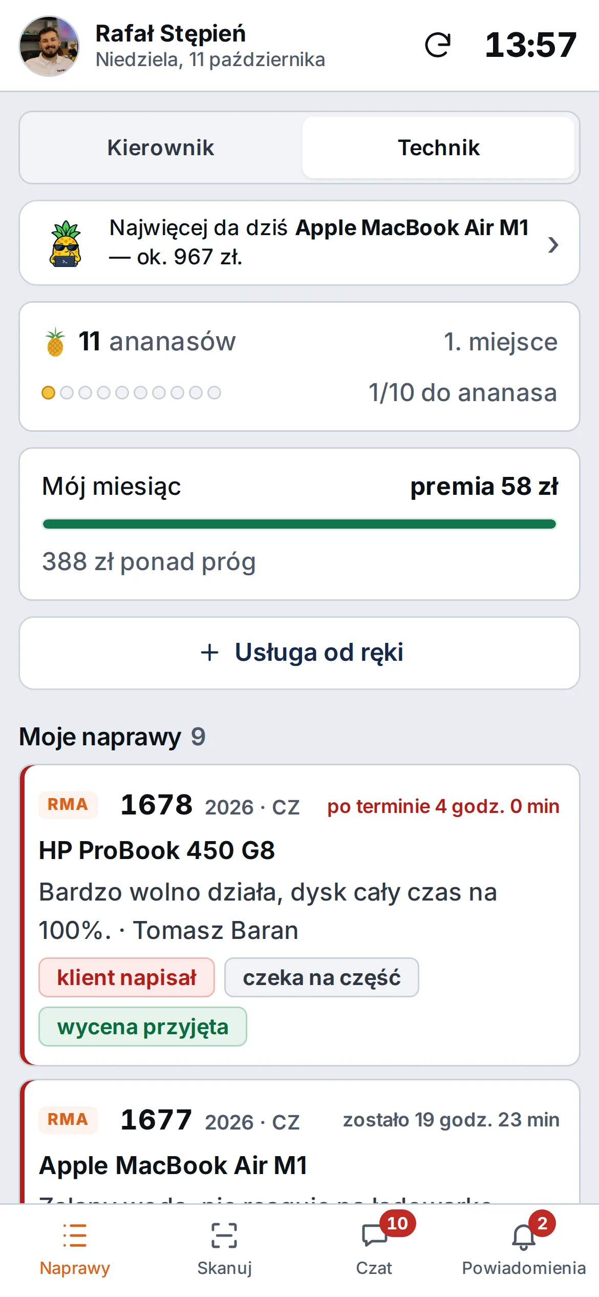Telefon technika: podpowiedź Ananasa, ananasy, Mój miesiąc, Usługa od ręki i lista Moje naprawy ze statusami – przykładowe dane