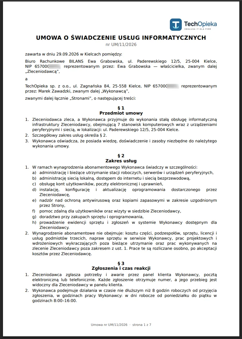 Umowa o świadczenie usług informatycznych wygenerowana w ANANASIE, strona 1 – przykładowe dane