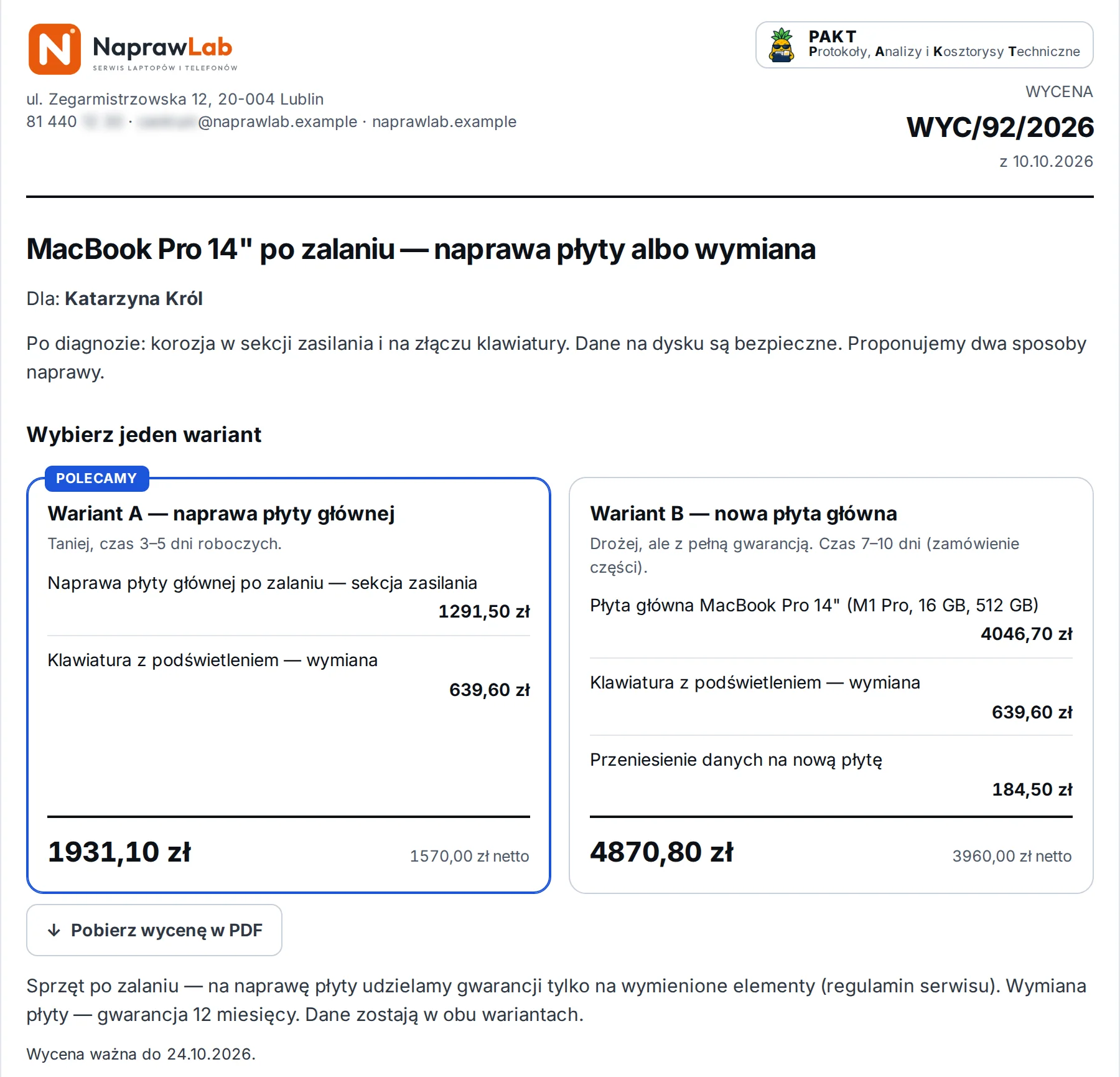 Wycena WYC/92/2026 widziana przez klienta pod linkiem: MacBook Pro po zalaniu, wariant A naprawa płyty i wariant B nowa płyta – przykładowe dane