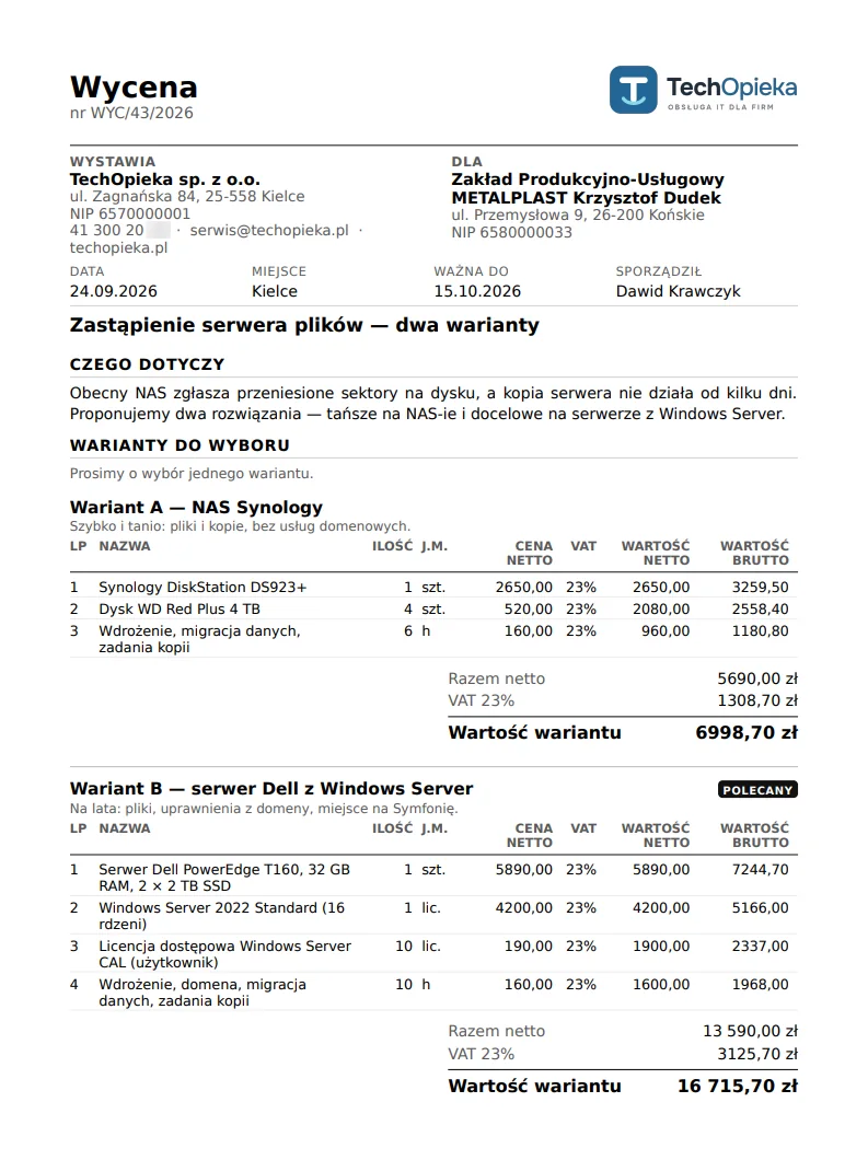 Wycena z PAKT jako PDF: dwa warianty z tabelą pozycji, VAT i sumami – przykładowe dane