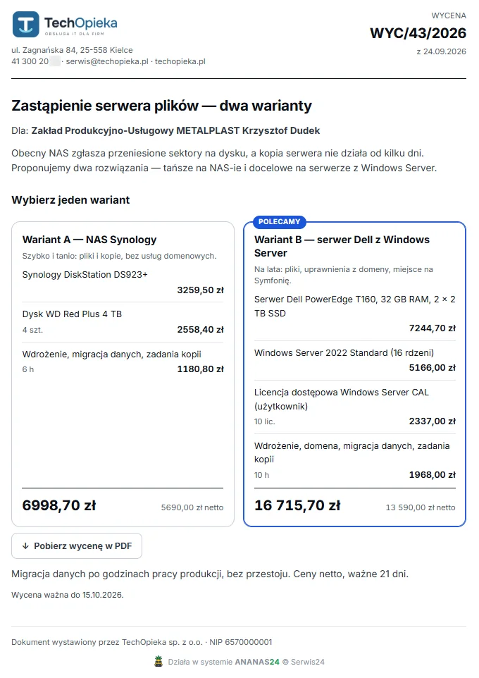 Wycena z PAKT widziana przez klienta pod linkiem: wariant A i polecany wariant B obok siebie – przykładowe dane